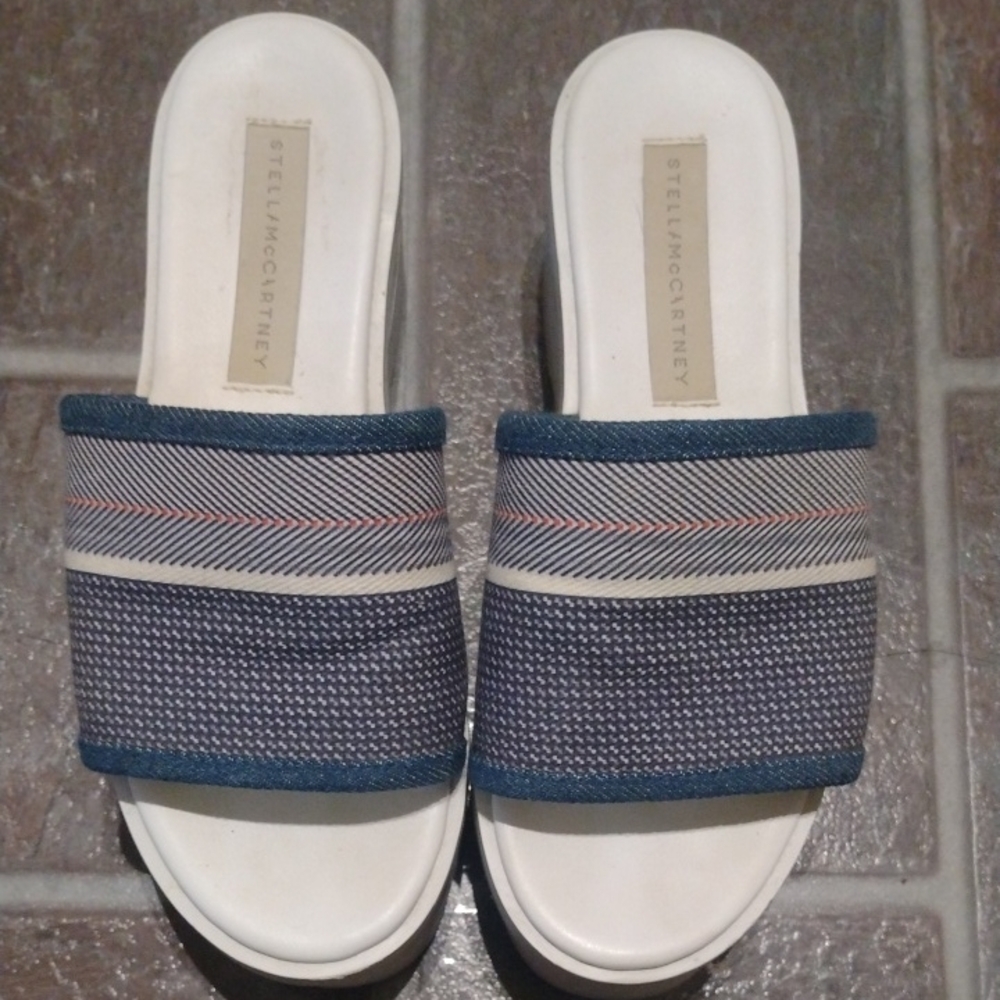 Stella McCartney Blue Denim Rim Jersey Fabric Platform Slide Sandals Size 36